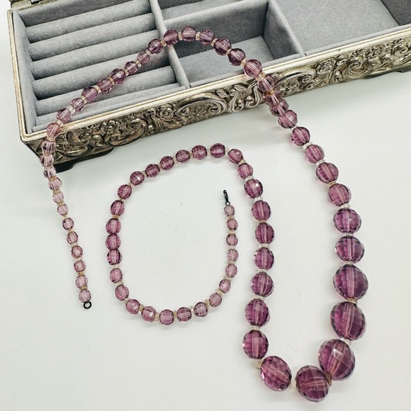 Vintage Art Deco Amethyst Czech Glass Bead Necklace 💜 - Picture 3 of 17